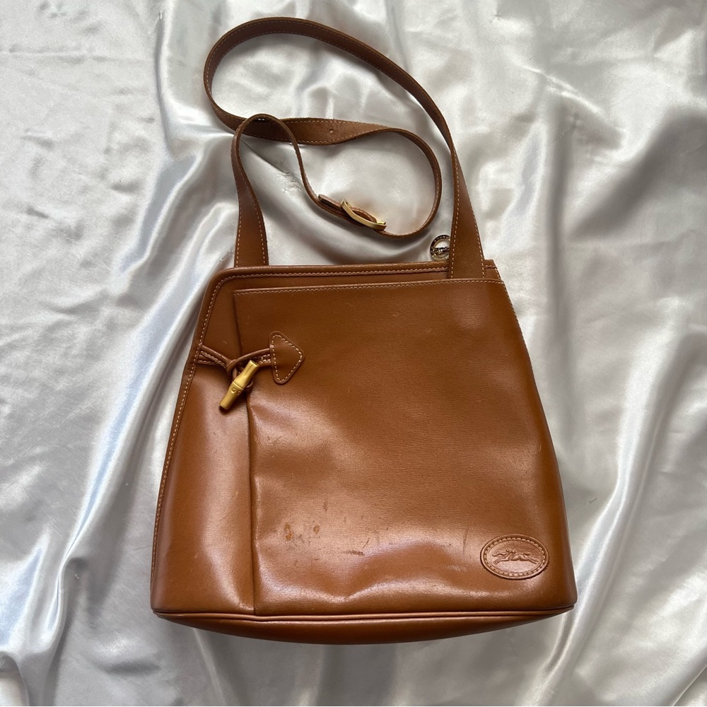 Vintage Longchamp Bamboo Toggle Leather Crossbody Bag